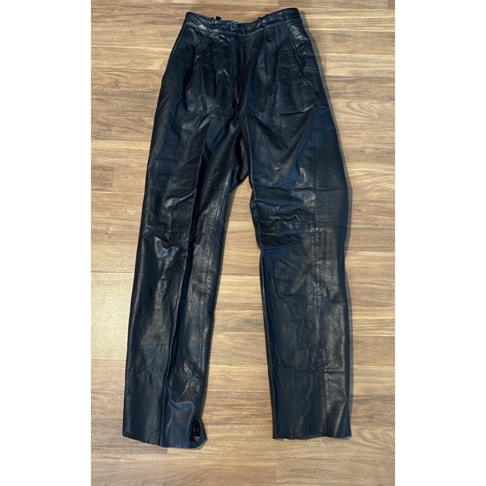 Toffs Vintage Black Genuine Leather Pleated High Waist Tapered Pants Size 8 25